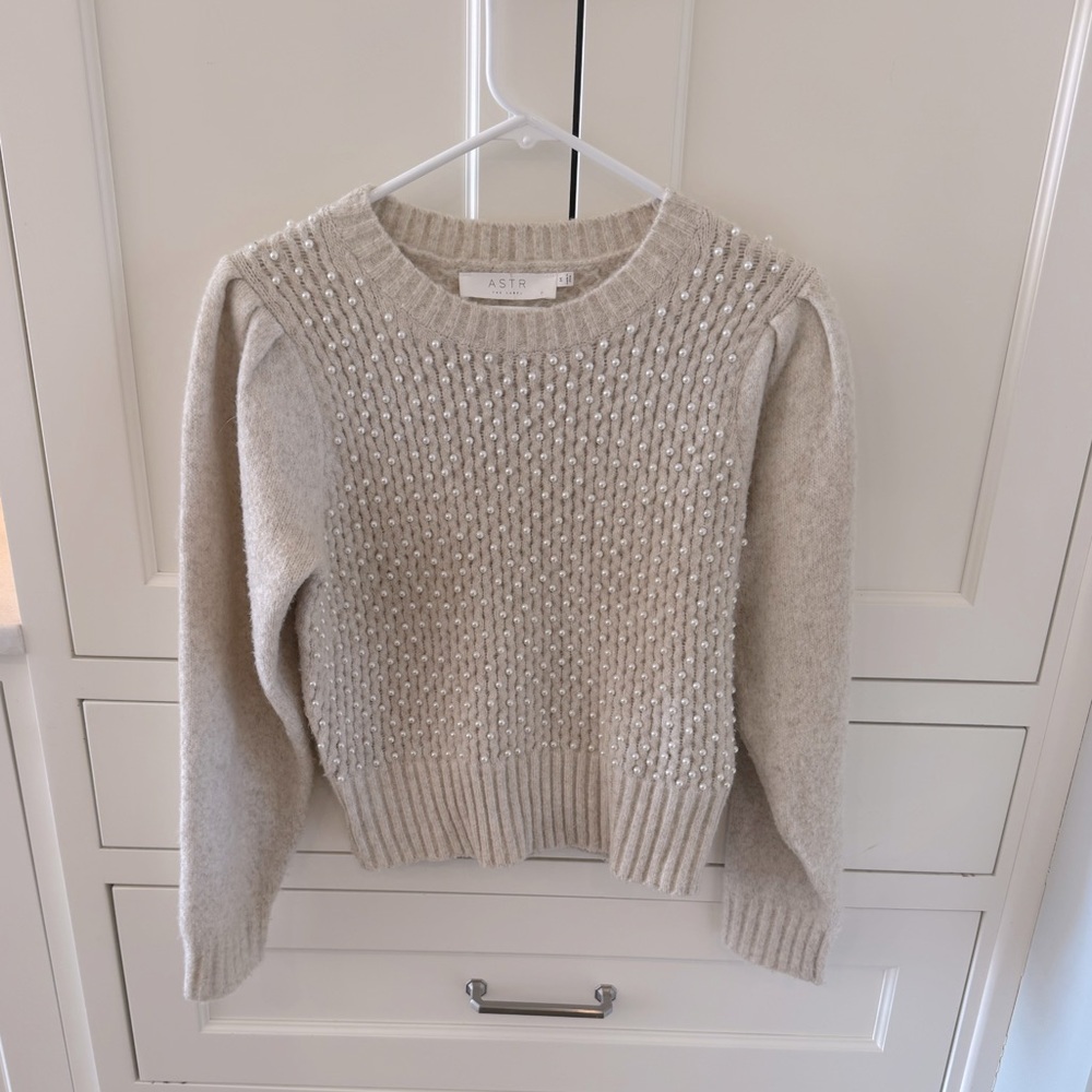 Astr Cream Beaded Crew Neck Sweater